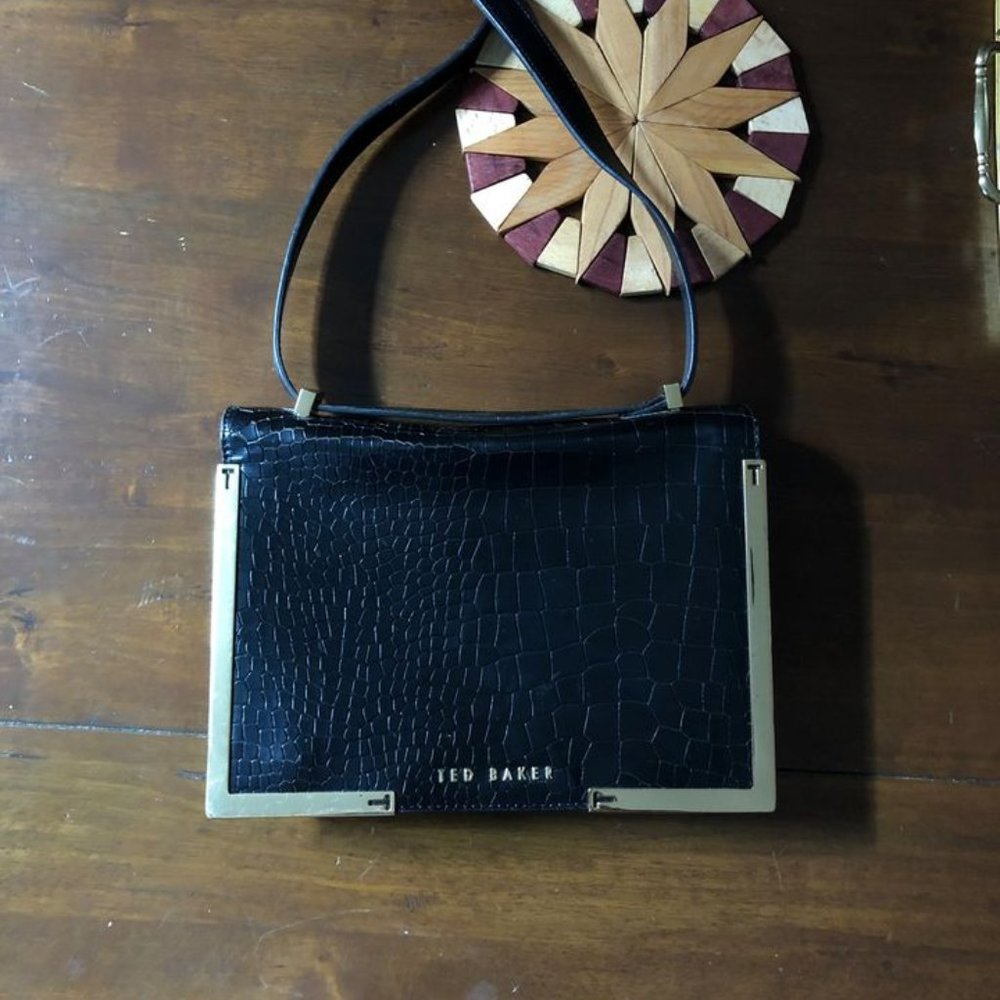 Ted Baker Purse Black with Gold Detail, faux crocodile